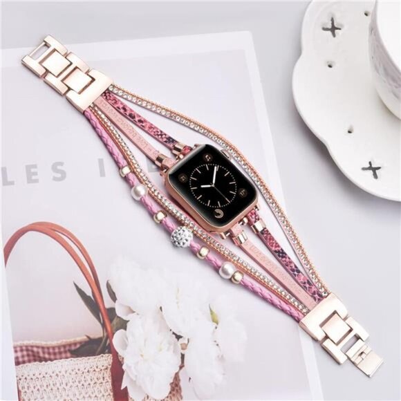 NEW Pink Boho Leather Beaded Apple iwatch Band main image 5